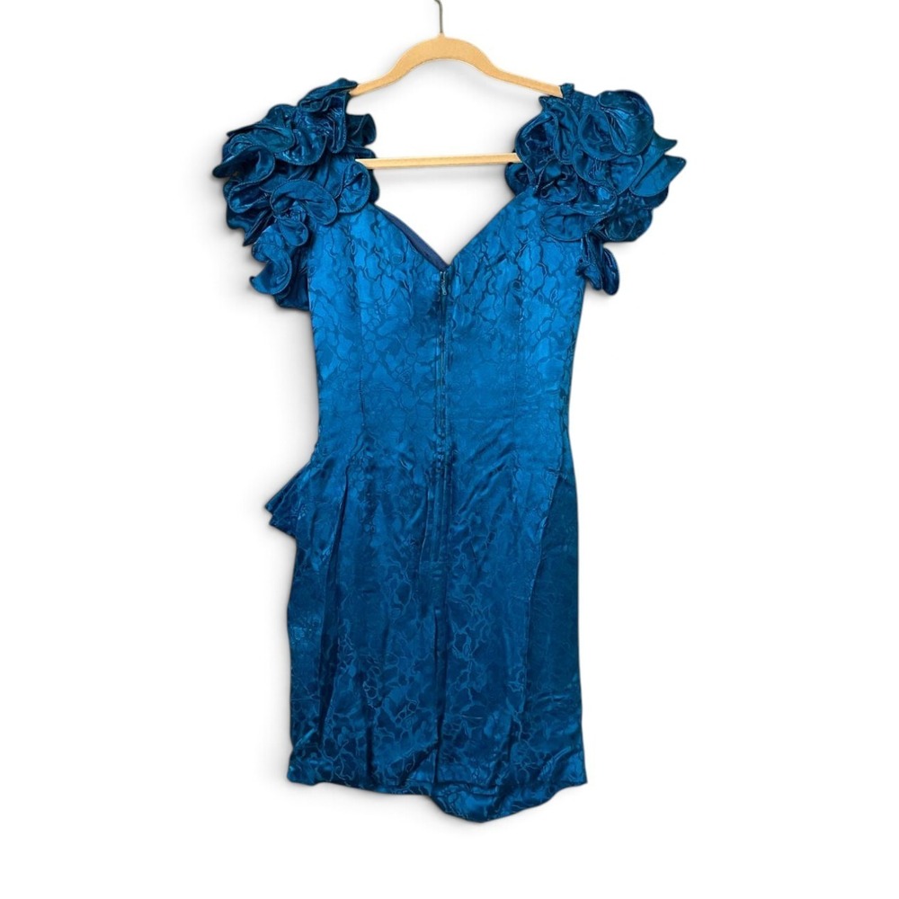 Vintage AJ Bari 100% Silk Teal Floral Ruched Ruffle Sleeve Cocktail Dress Size 8 - Picture 4 of 13